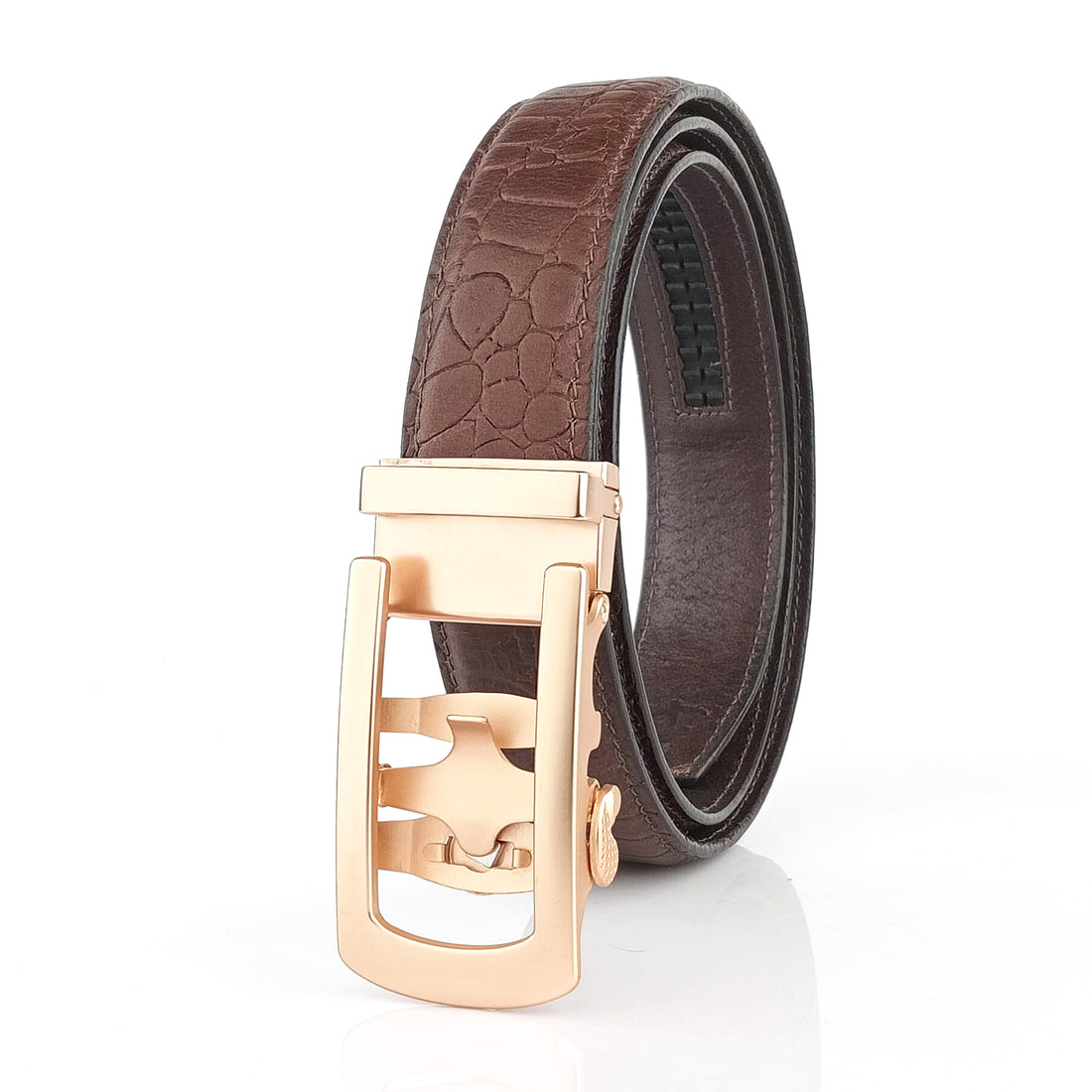 Hemener Men Metal Auto Grip Buckle Brown Croc Pattern Genuine Leather Belt