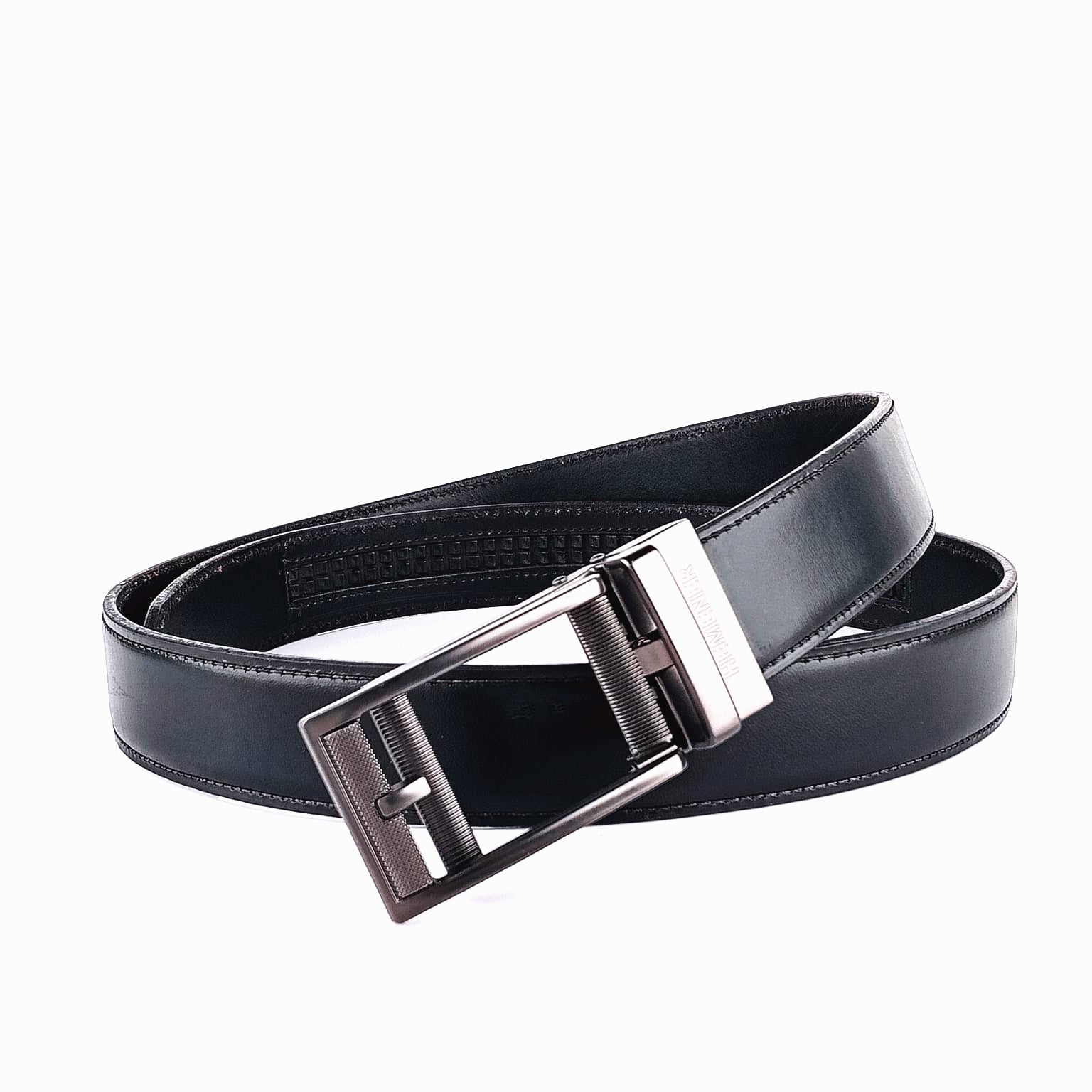 Hemener Men Metal Auto Grip Buckle Black Genuine Leather Belt