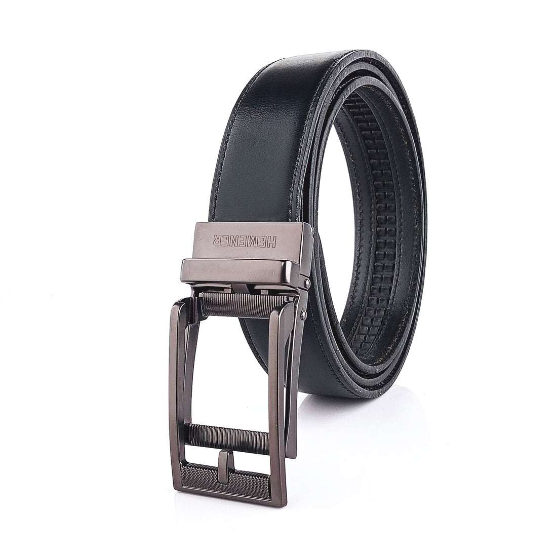 Hemener Men Metal Auto Grip Buckle Black Genuine Leather Belt