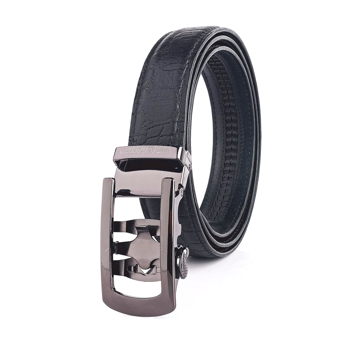 Hemener Men Metal Auto Grip Buckle Black Croc Pattern Genuine Leather Belt