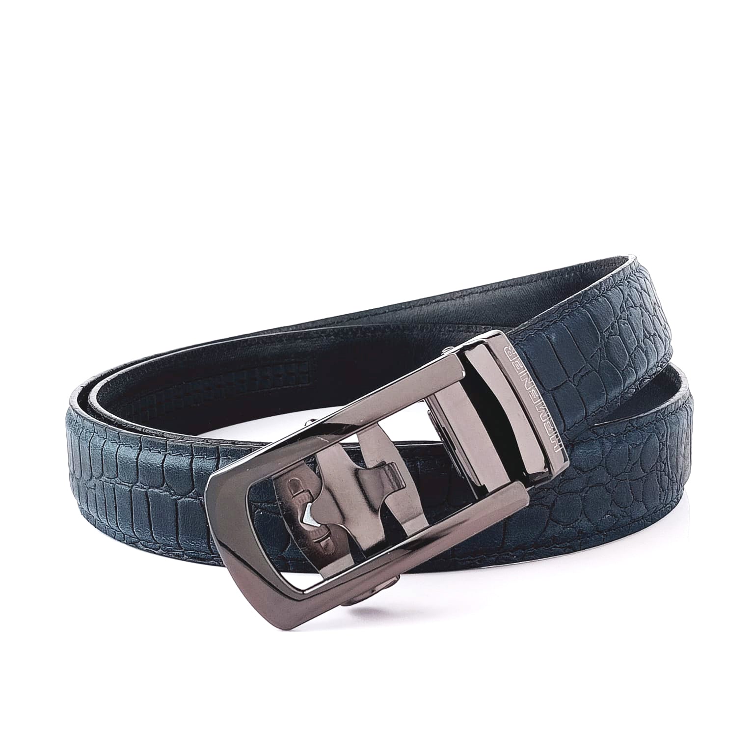 Hemener Men Metal Auto Grip Buckle Blue Croc Pattern Genuine Leather Belt