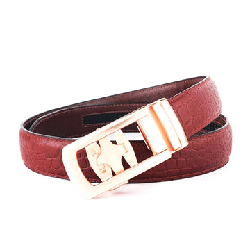 Hemener Men Metal Auto Grip Buckle Cherry Brown Croc Pattern Genuine Leather Belt