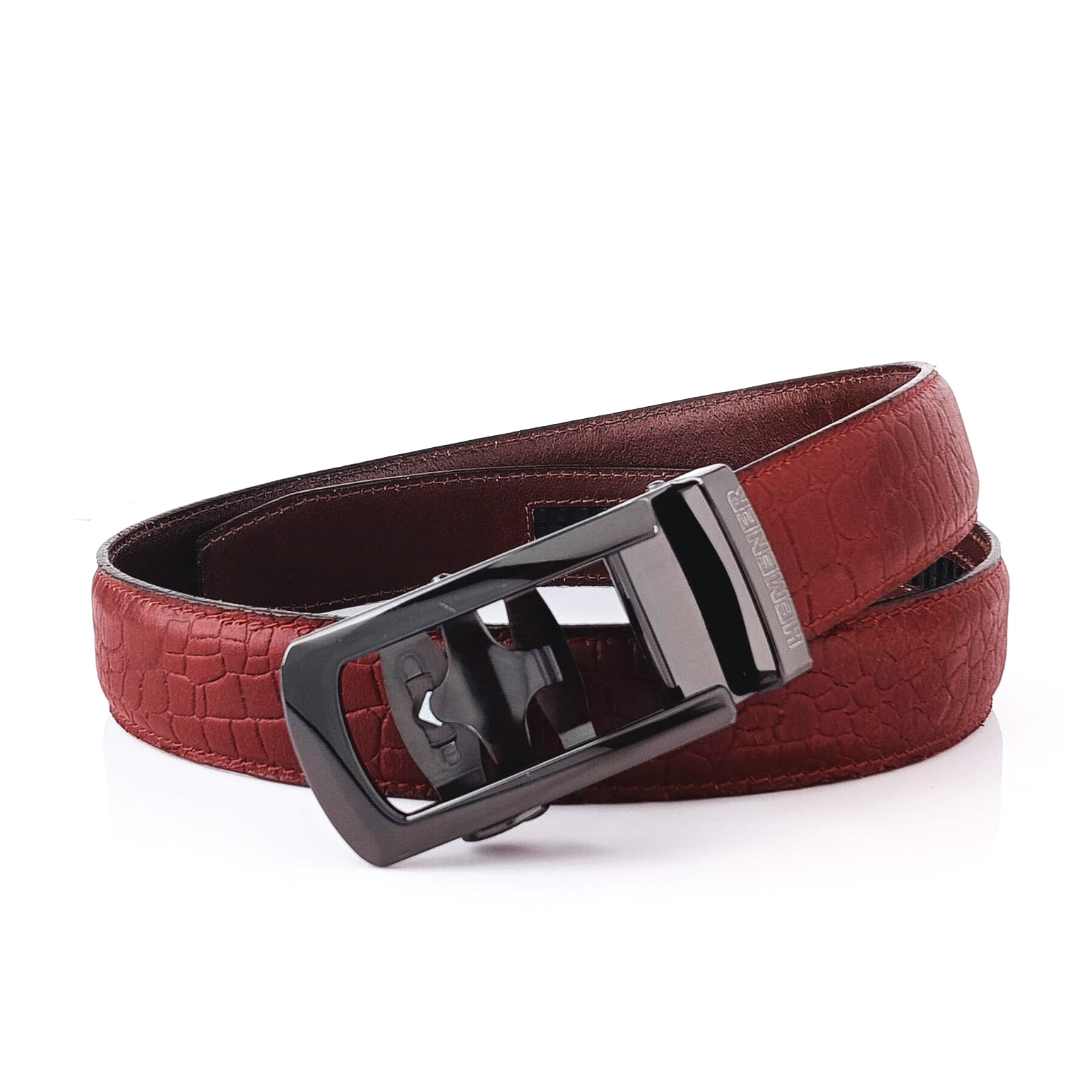 Hemener Men Metal Auto Grip Buckle Cherry Brown Croc Pattern Genuine Leather Belt