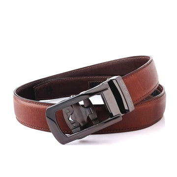 Hemener Men Metal Auto Grip Buckle Brown Genuine Leather Belt