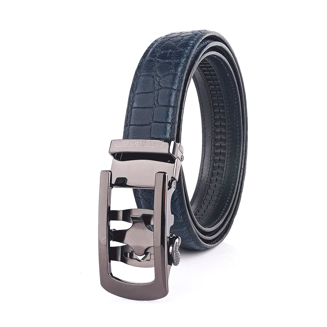 Hemener Men Metal Auto Grip Buckle Blue Croc Pattern Genuine Leather Belt