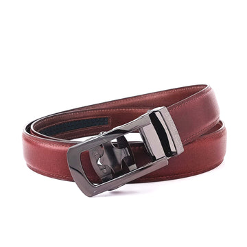 Hemener Men Metal Auto Grip Buckle Cherry Brown Genuine Leather Belt