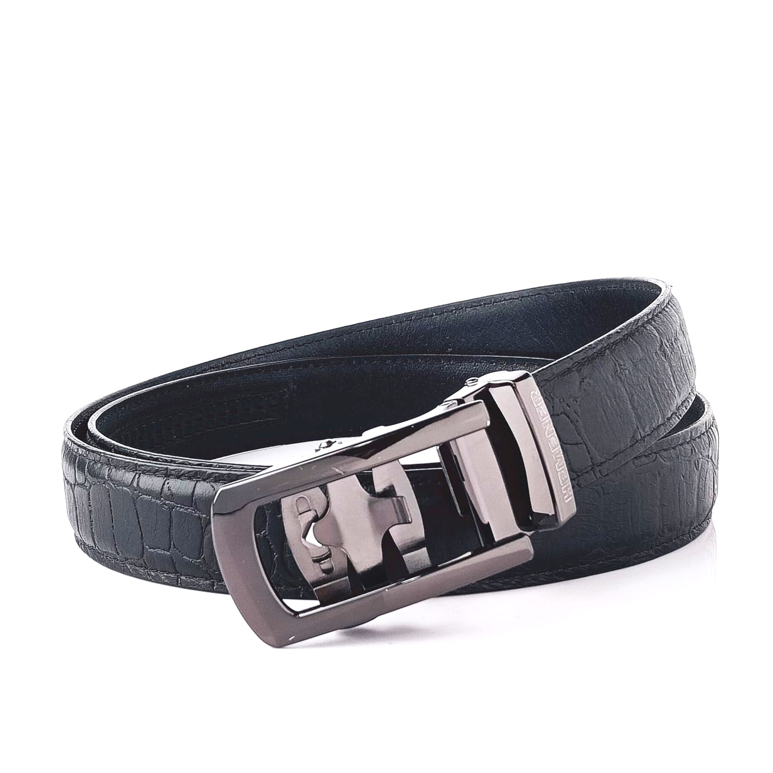 Hemener Men Metal Auto Grip Buckle Black Croc Pattern Genuine Leather Belt