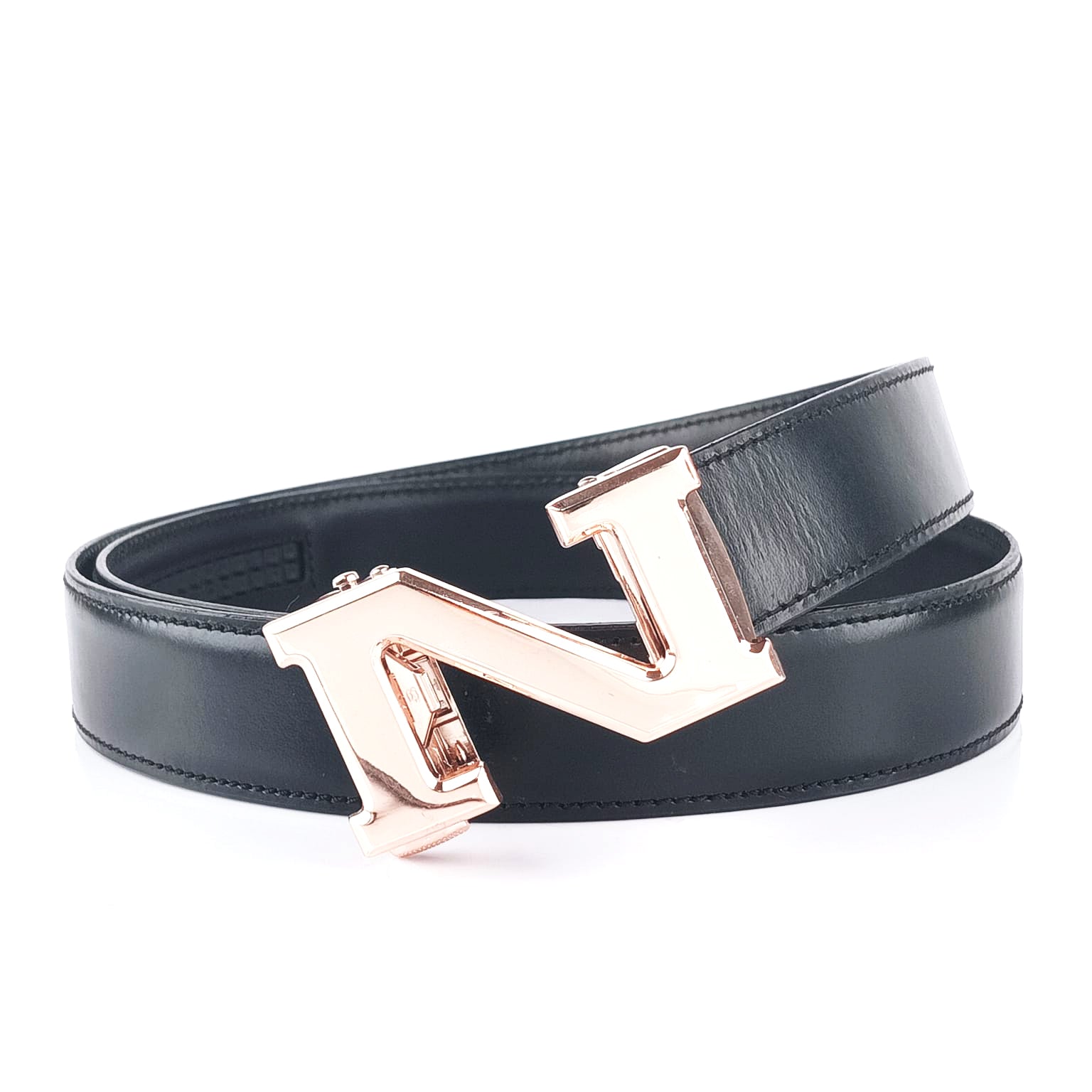 Hemener Men N Letter Metal Buckle Black Genuine Leather Belt