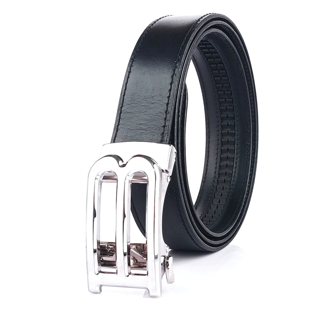 Hemener Men B Letter Metal Buckle Black Genuine Leather Belt