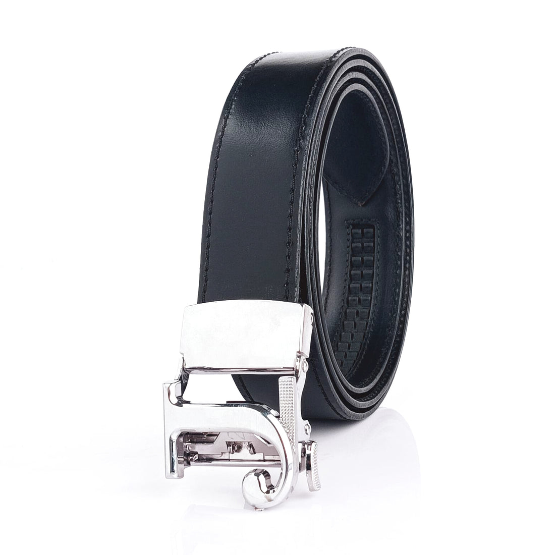 Hemener Men J Letter Metal Buckle Black Genuine Leather Belt