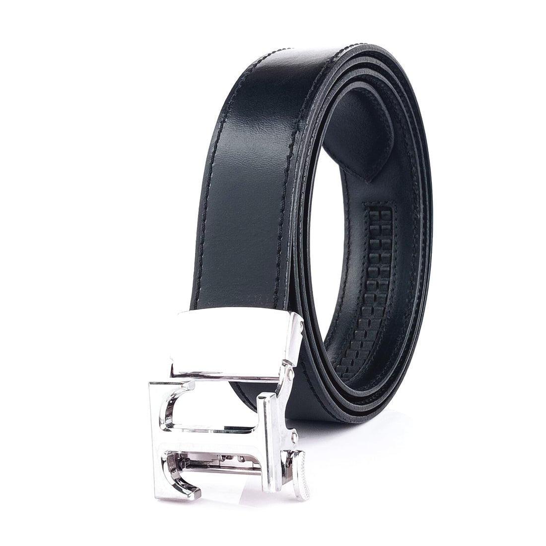 Hemener Men T Letter Metal Buckle Black Genuine Leather Belt