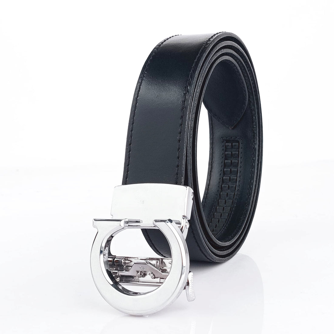 Hemener Men C Letter Metal Buckle Black Genuine Leather Belt