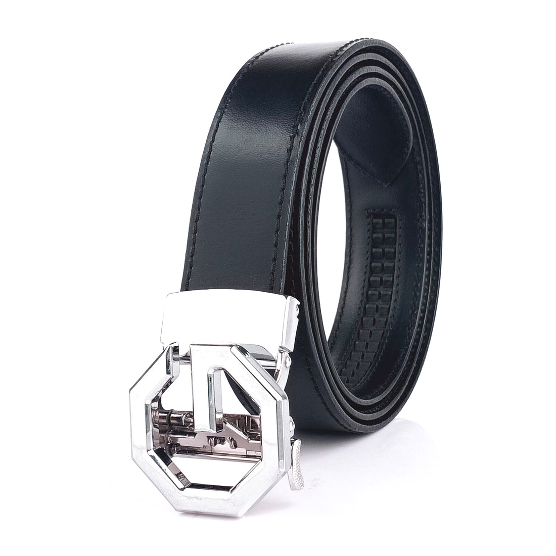 Hemener Men G Letter Metal Buckle Black Genuine Leather Belt