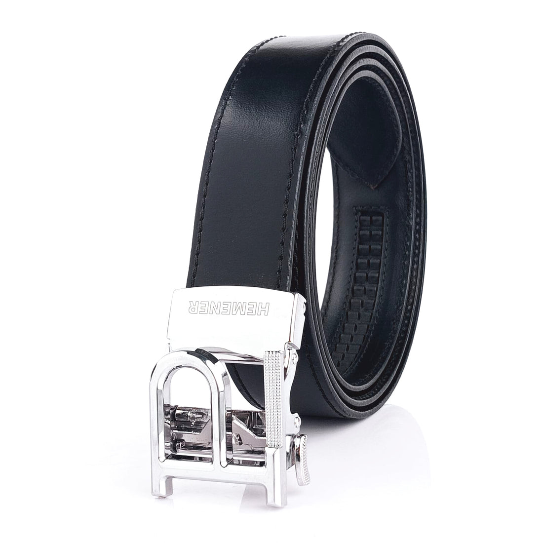 Hemener Men P Letter Metal Buckle Black Genuine Leather Belt