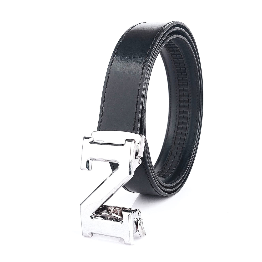 Hemener Men N Letter Metal Buckle Black Genuine Leather Belt