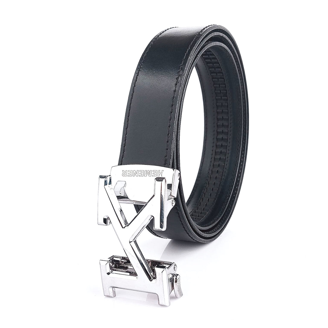 Hemener Men K Letter Metal Buckle Black Genuine Leather Belt