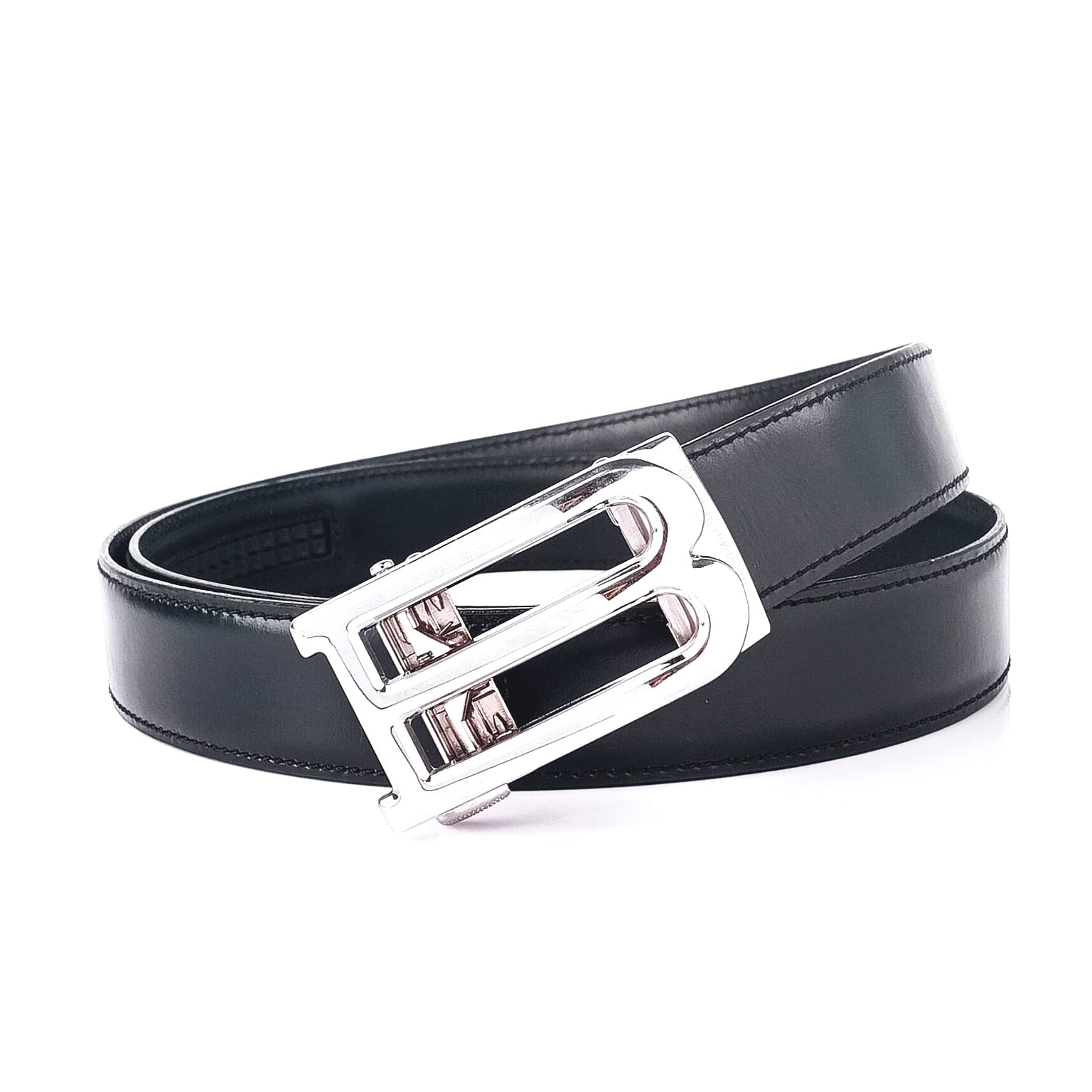 Hemener Men B Letter Metal Buckle Black Genuine Leather Belt