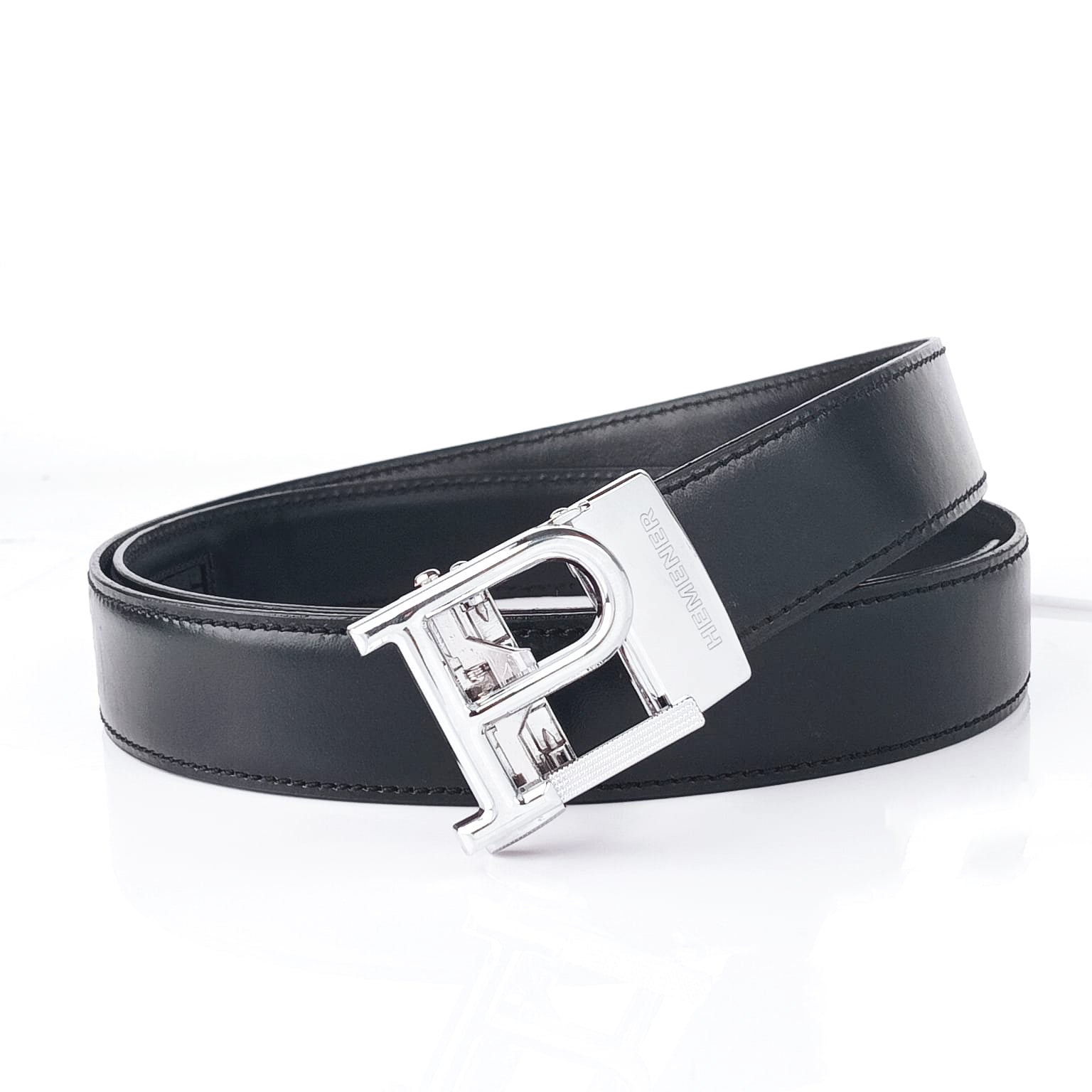 Hemener Men P Letter Metal Buckle Black Genuine Leather Belt