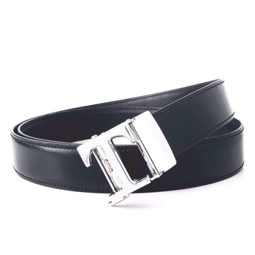 Hemener Men T Letter Metal Buckle Black Genuine Leather Belt