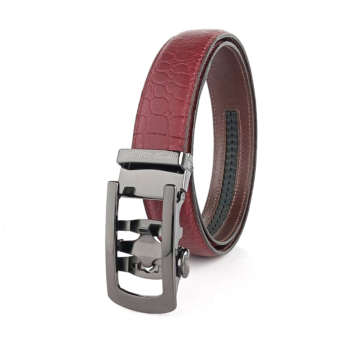 Hemener Men Metal Auto Grip Buckle Cherry Brown Croc Pattern Genuine Leather Belt