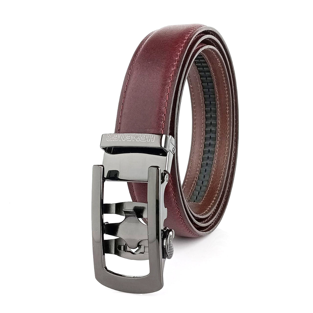 Hemener Men Metal Auto Grip Buckle Cherry Brown Genuine Leather Belt