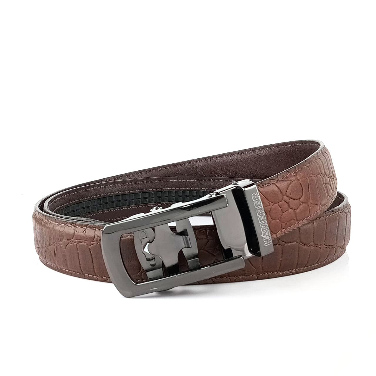 Hemener Men Metal Auto Grip Buckle Brown Croc Pattern Genuine Leather Belt