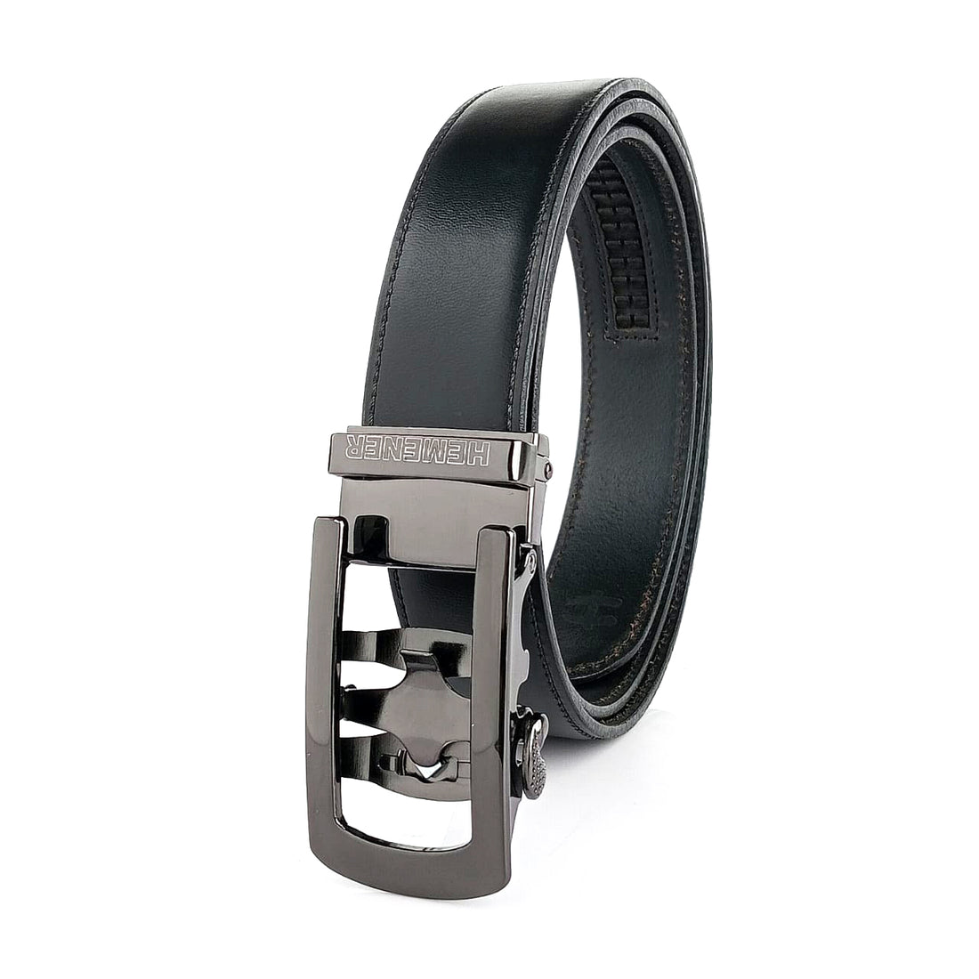 Hemener Men Metal Auto Grip Buckle Black Genuine Leather Belt