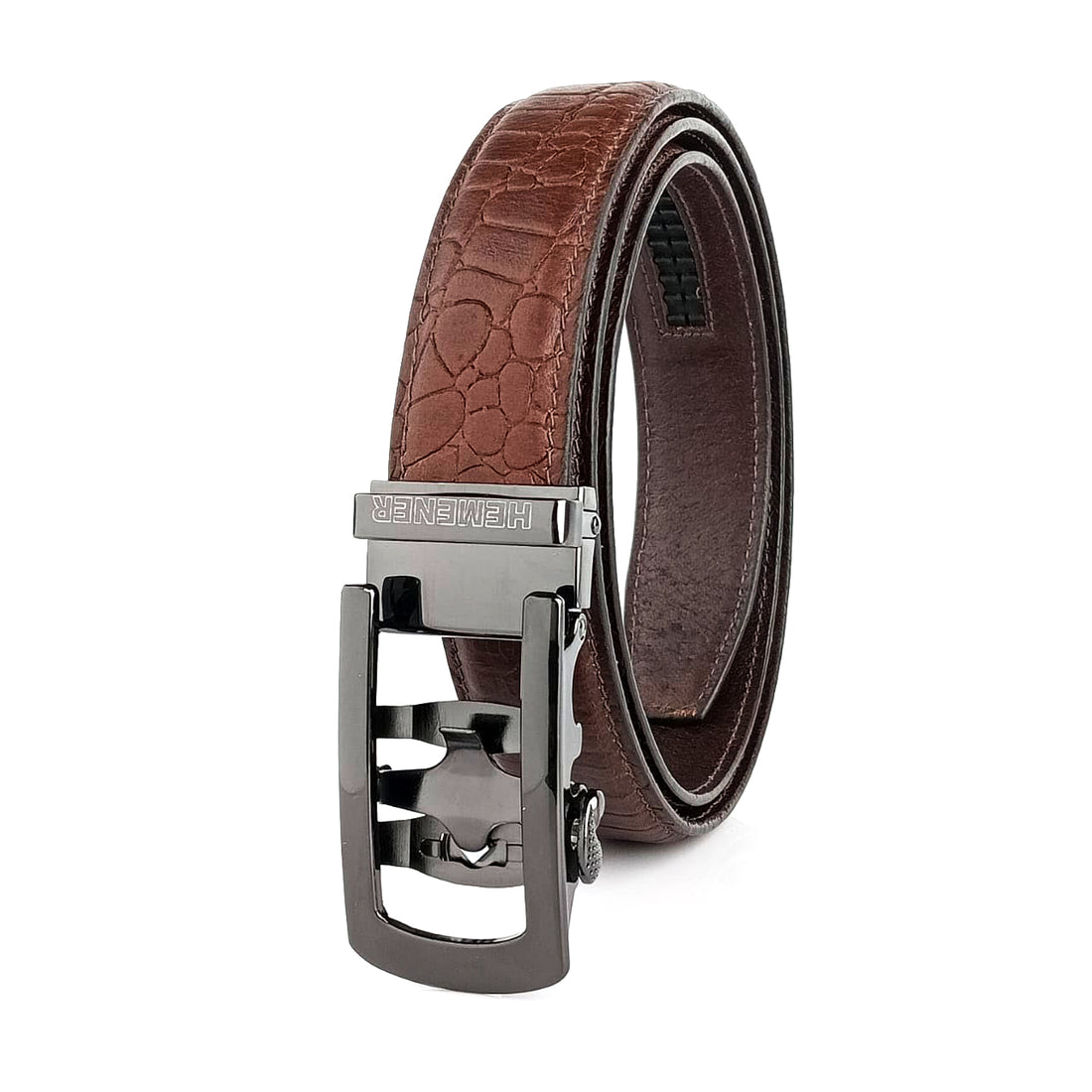 Hemener Men Metal Auto Grip Buckle Brown Croc Pattern Genuine Leather Belt