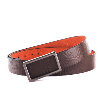 Hemener Men Metal Pin Hole Buckle Dark Brown Genuine Leather Belt