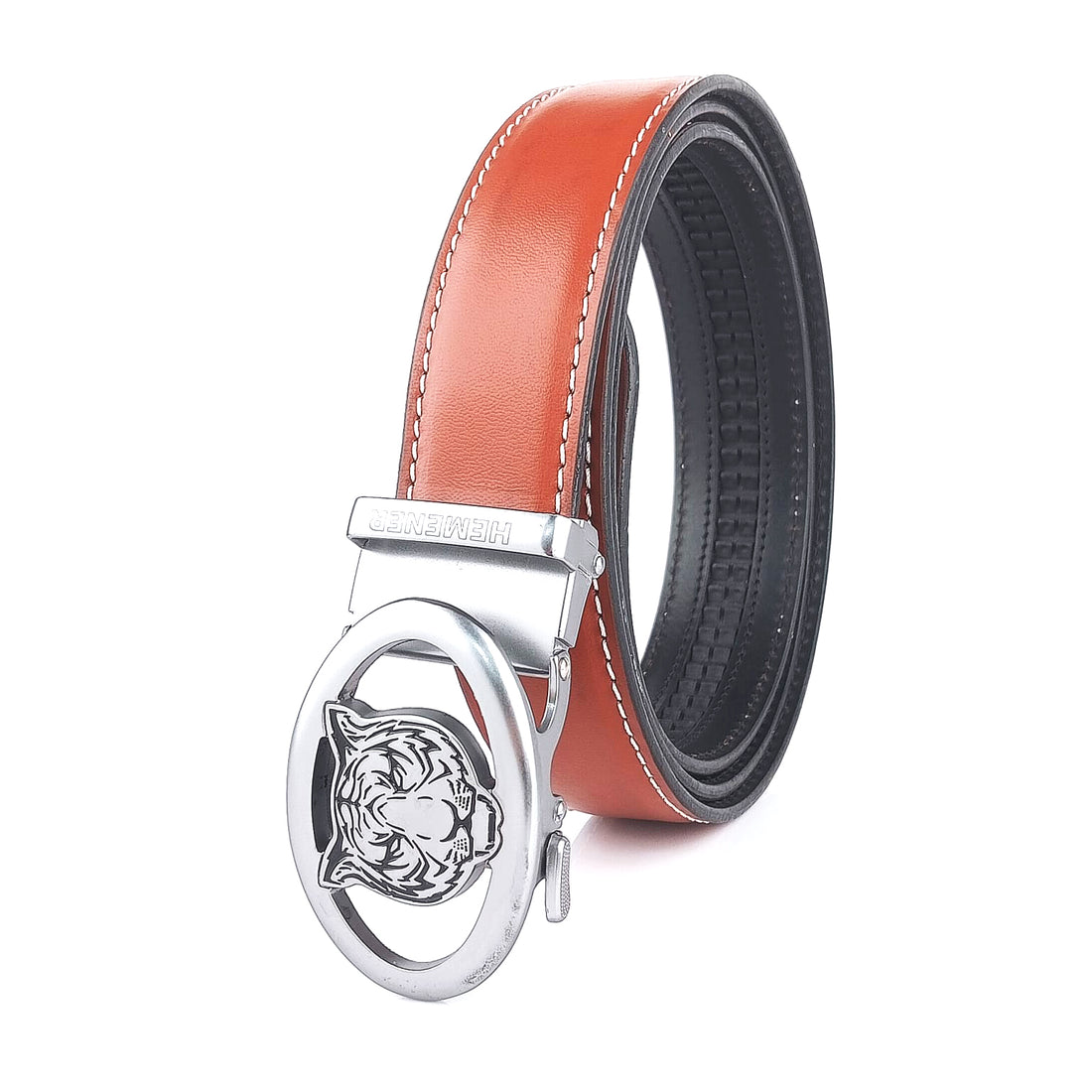 Hemener Men Metal Auto Grip Buckle Brown Genuine Leather Belt