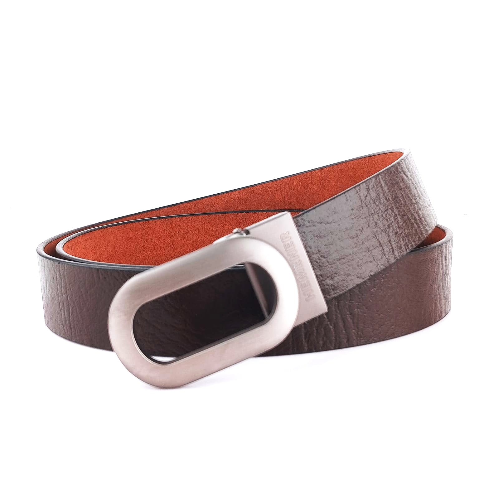 Hemener Men Metal Pin Hole Buckle Dark Brown Genuine Leather Belt