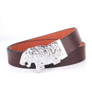 Hemener Men Metal Pin Hole Buckle Dark Brown Genuine Leather Belt