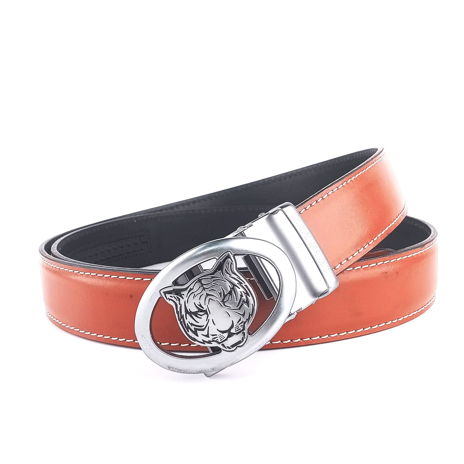 Hemener Men Metal Auto Grip Buckle Brown Genuine Leather Belt