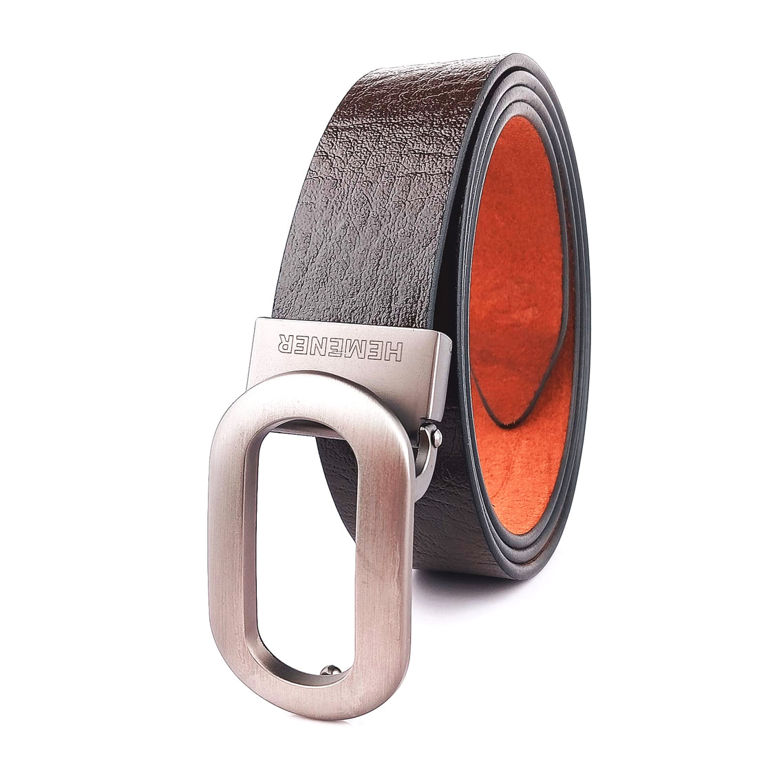 Hemener Men Metal Pin Hole Buckle Dark Brown Genuine Leather Belt