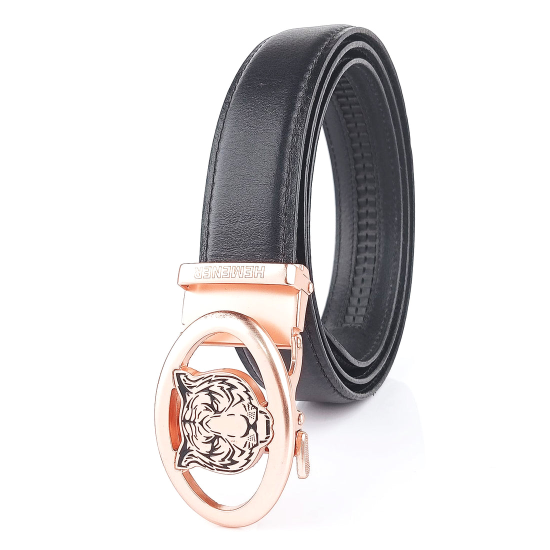 Hemener Men Metal Auto Grip Buckle Black Genuine Leather Belt