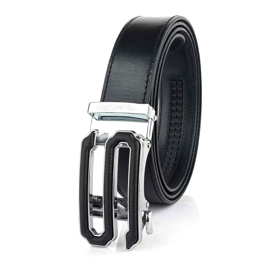 Hemener Men S Letter Metal Buckle Black Genuine Leather Belt