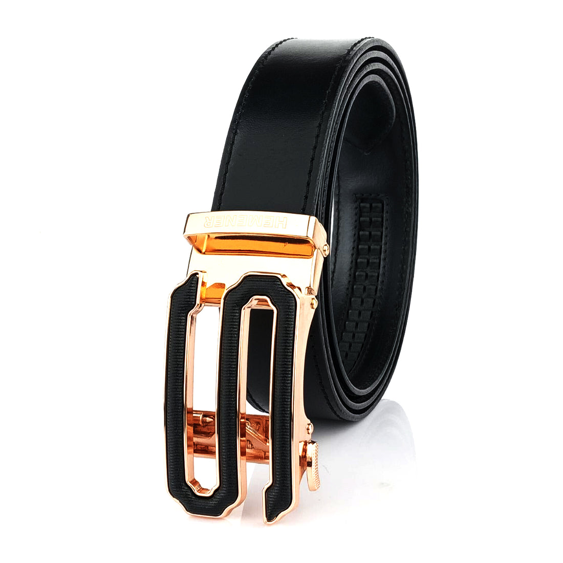 Hemener Men S Letter Metal Buckle Black Genuine Leather Belt