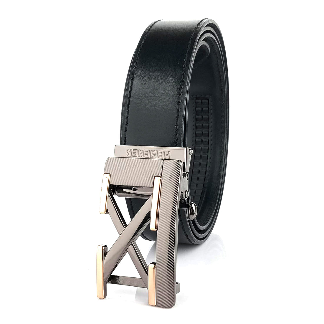 Hemener Men X Letter Metal Buckle Black Genuine Leather Belt