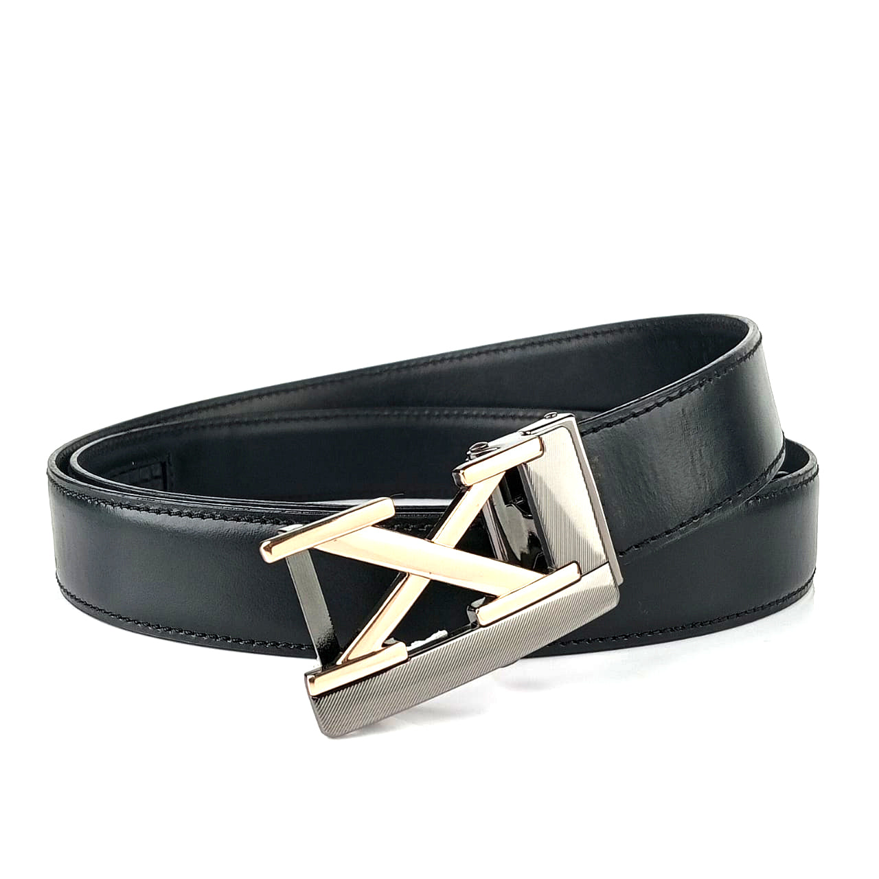 Hemener Men X Letter Metal Buckle Black Genuine Leather Belt