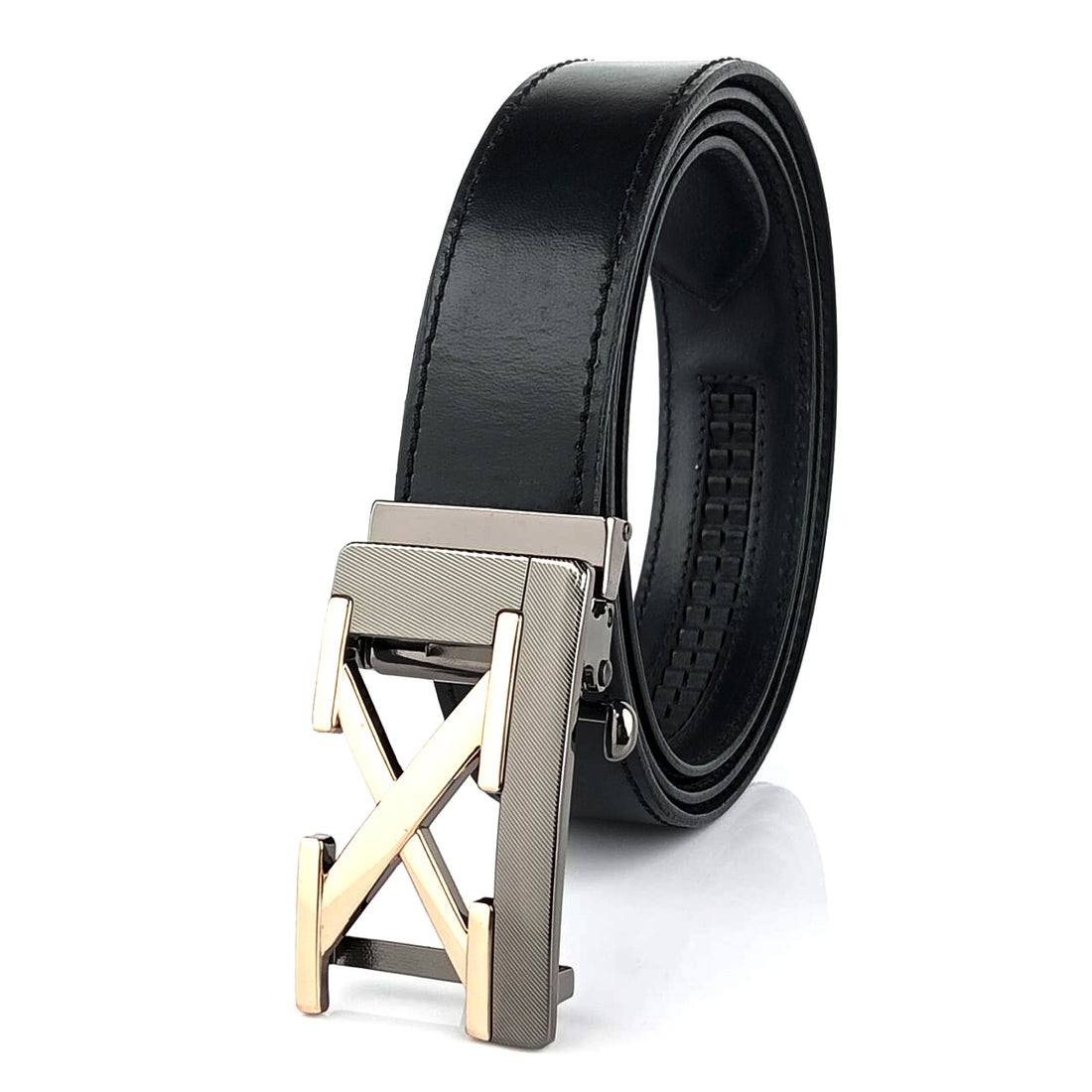 Hemener Men X Letter Metal Buckle Black Genuine Leather Belt