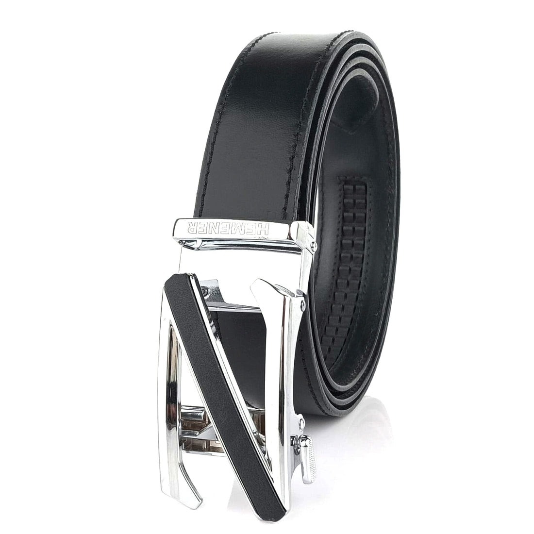 Hemener Men Z Letter Metal Buckle Black Genuine Leather Belt