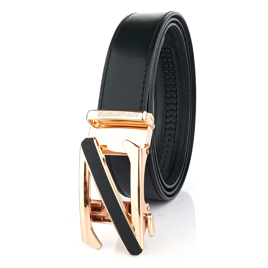 Hemener Men Z Letter Metal Buckle Black Genuine Leather Belt