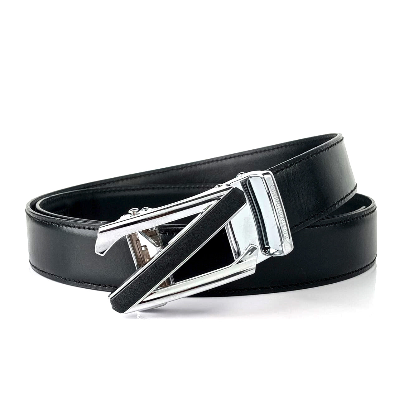 Hemener Men Z Letter Metal Buckle Black Genuine Leather Belt