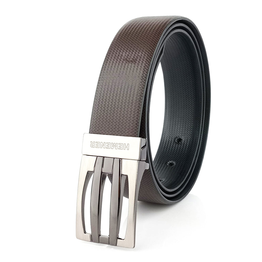 Hemener Men Metal Pin Hole Buckle Black Dark Brown Reversible Vegan Leather Belt