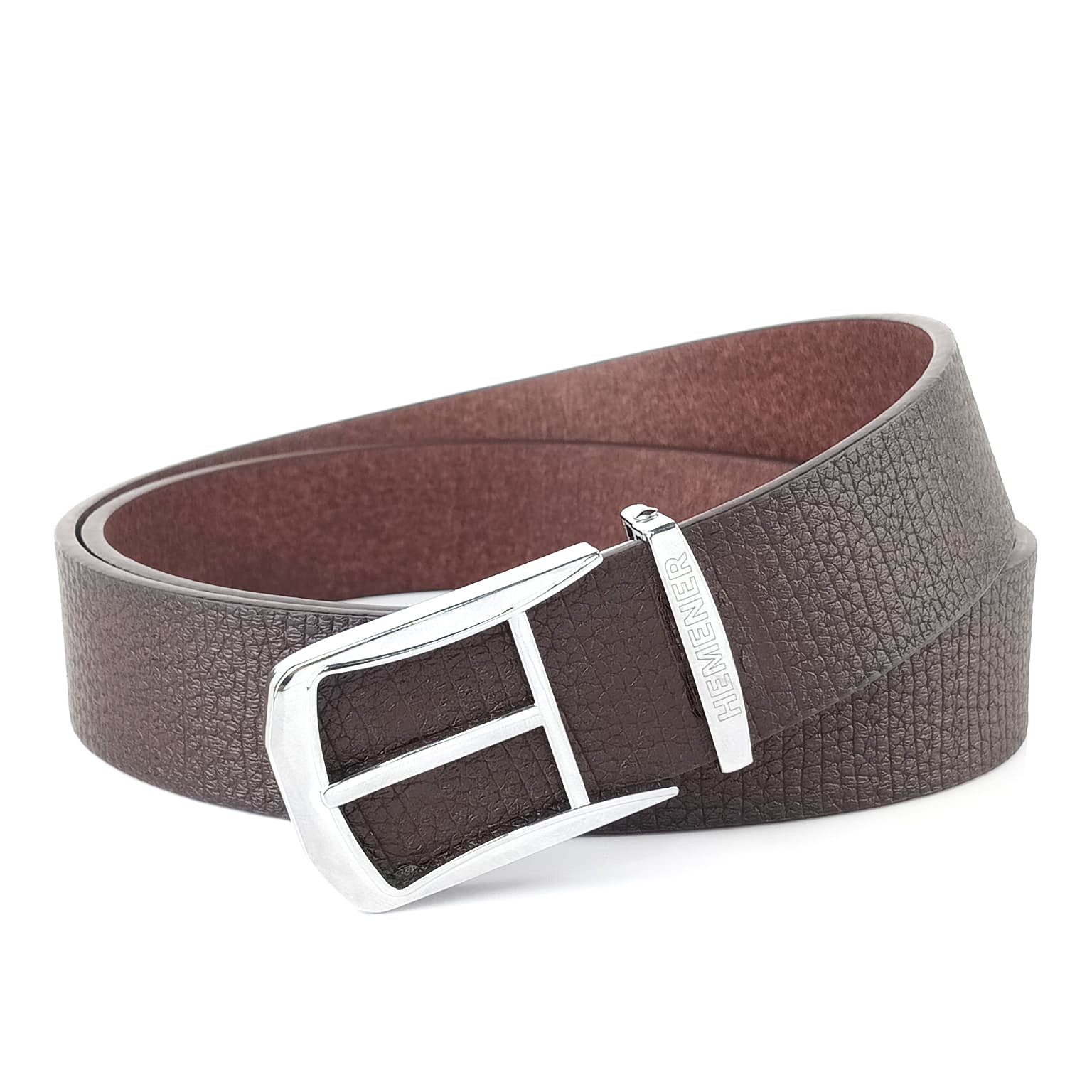 Hemener Men Glossy Metal Pin Hole Buckle Dark Brown Vegan Leather Belt