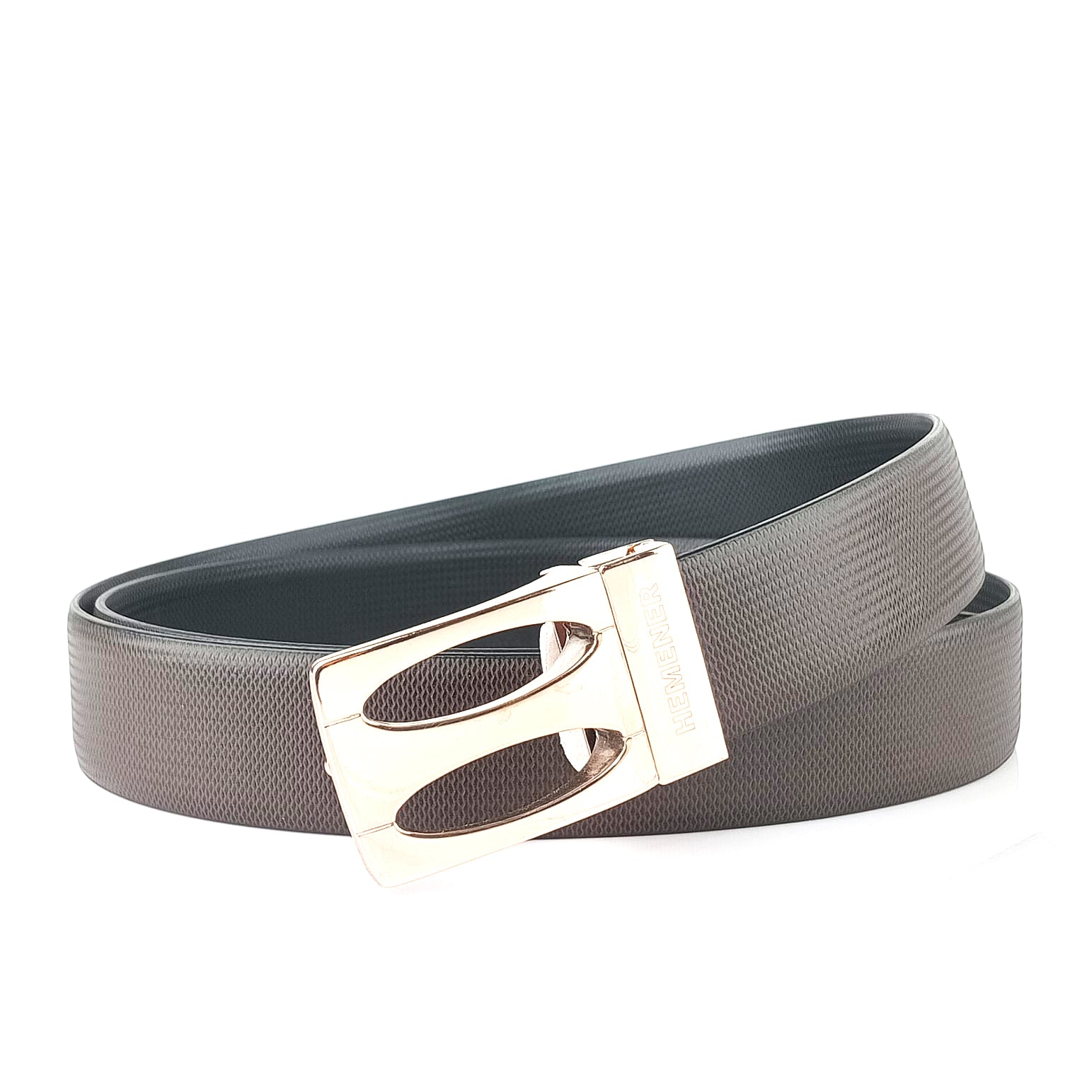 Hemener Men Metal Pin Hole Buckle Black Dark Brown Reversible Vegan Leather Belt