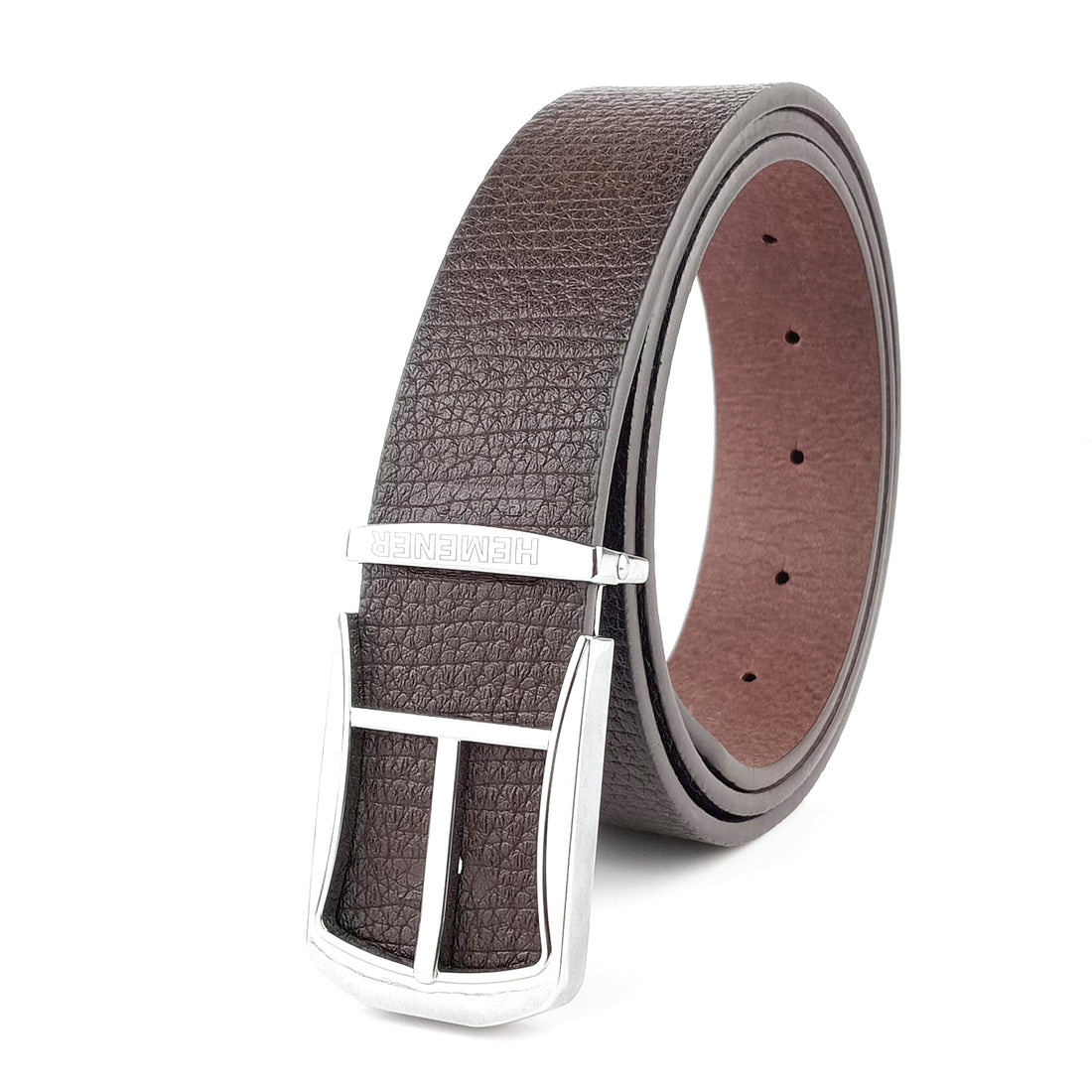 Hemener Men Glossy Metal Pin Hole Buckle Dark Brown Vegan Leather Belt