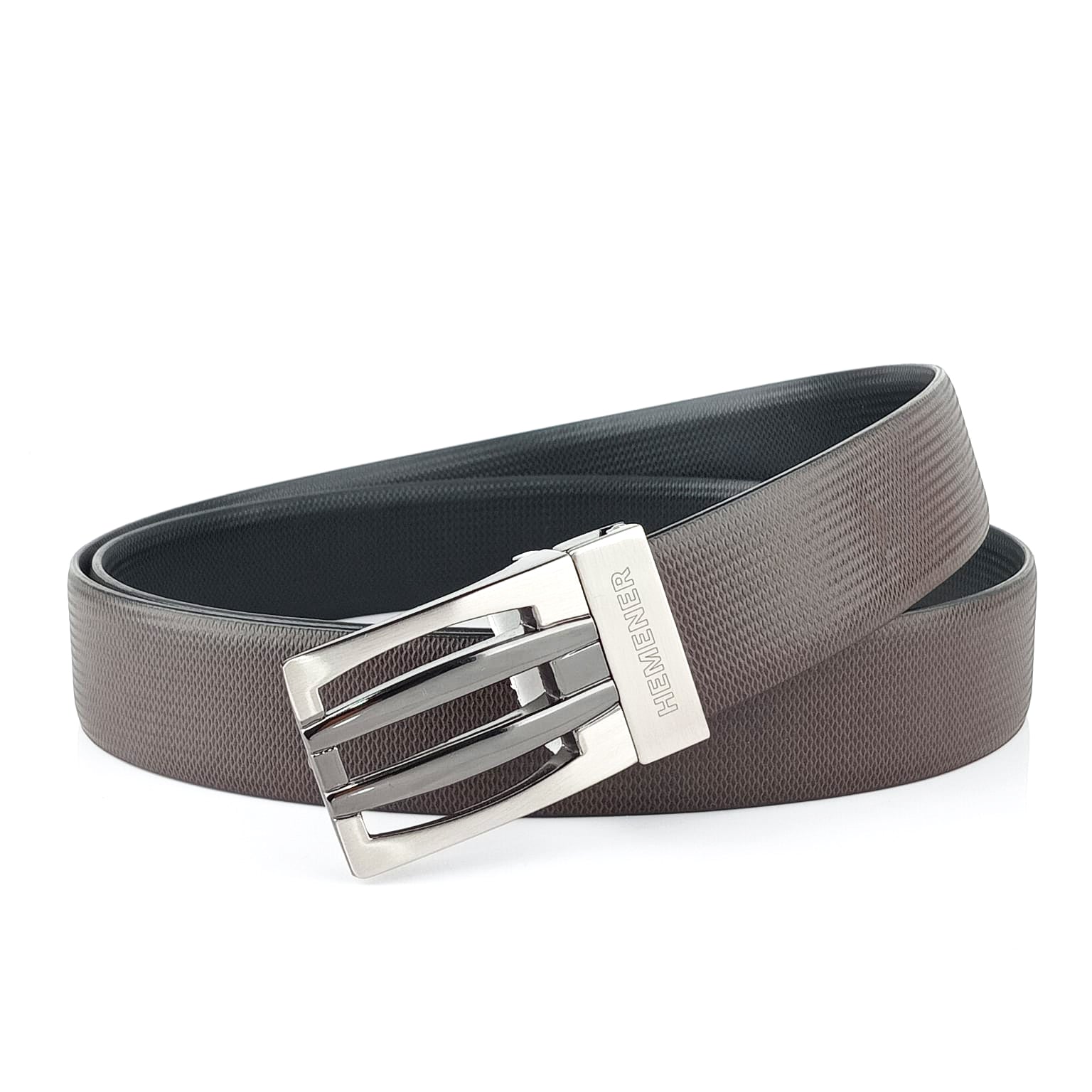 Hemener Men Metal Pin Hole Buckle Black Dark Brown Reversible Vegan Leather Belt