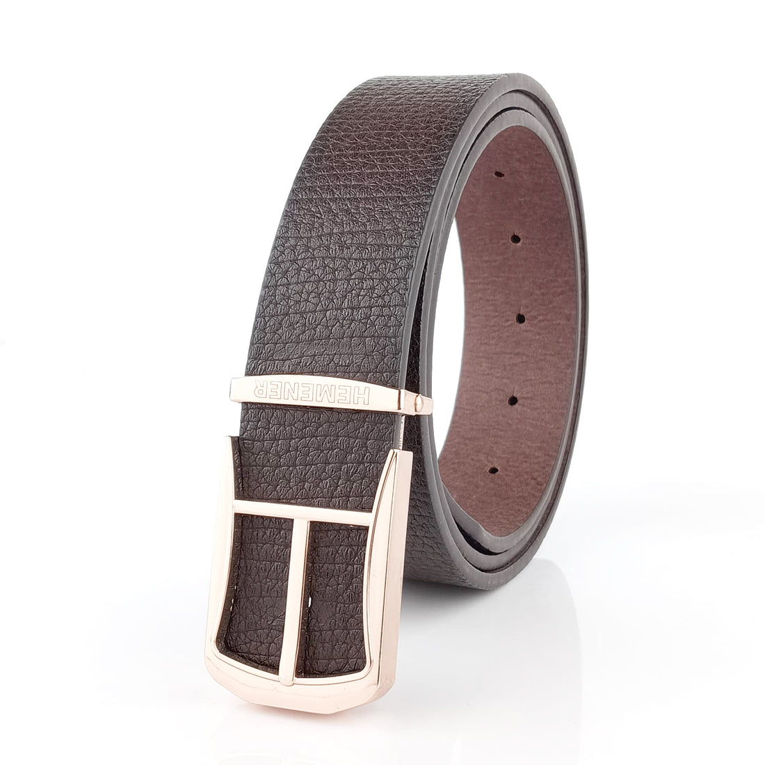 Hemener Men Glossy Metal Pin Hole Buckle Dark Brown Vegan Leather Belt