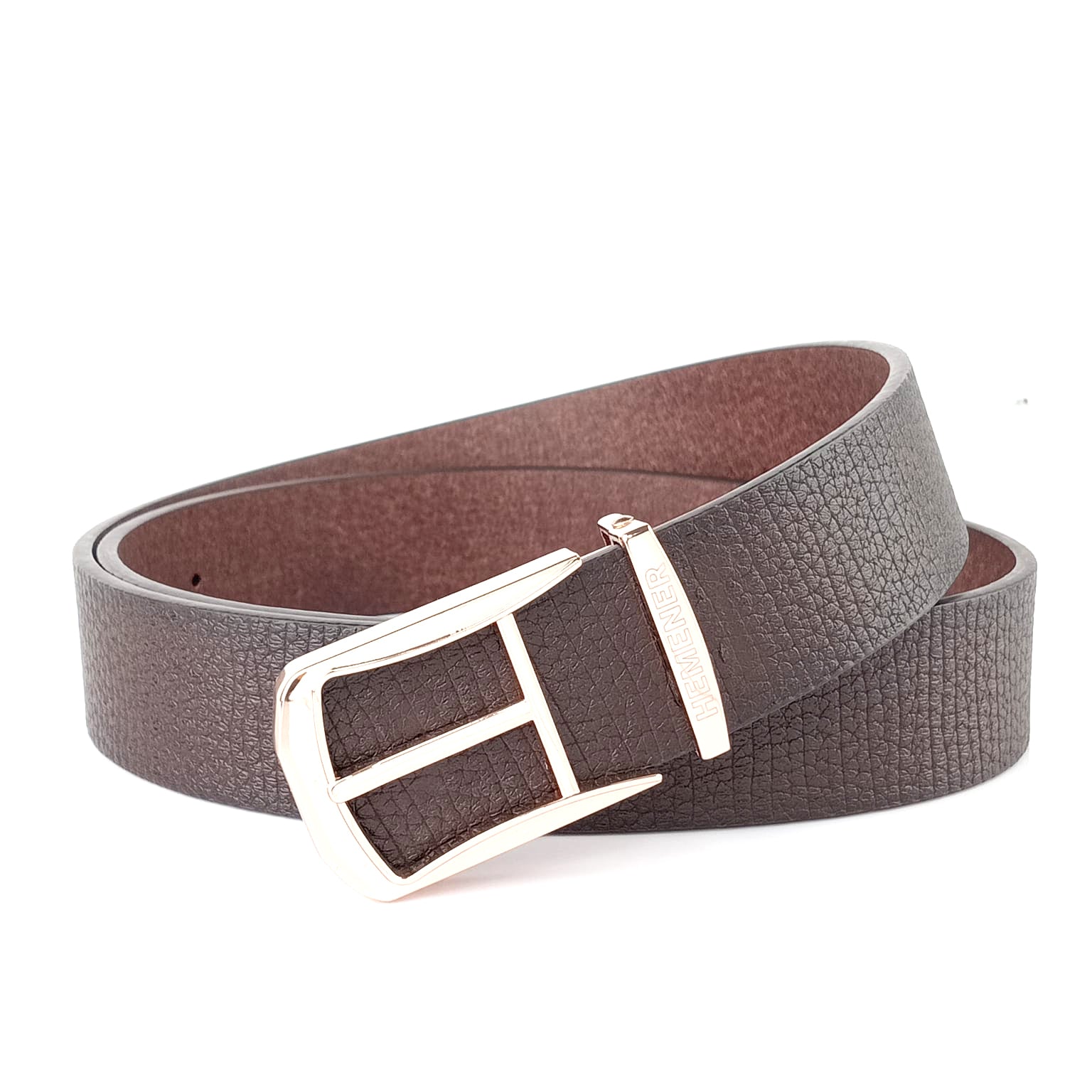 Hemener Men Glossy Metal Pin Hole Buckle Dark Brown Vegan Leather Belt